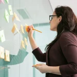 confianza-empresaria-de-mediana-edad-escribiendo-en-la-etiqueta-engomada-con-lapiz-y-lluvia-de-ideas